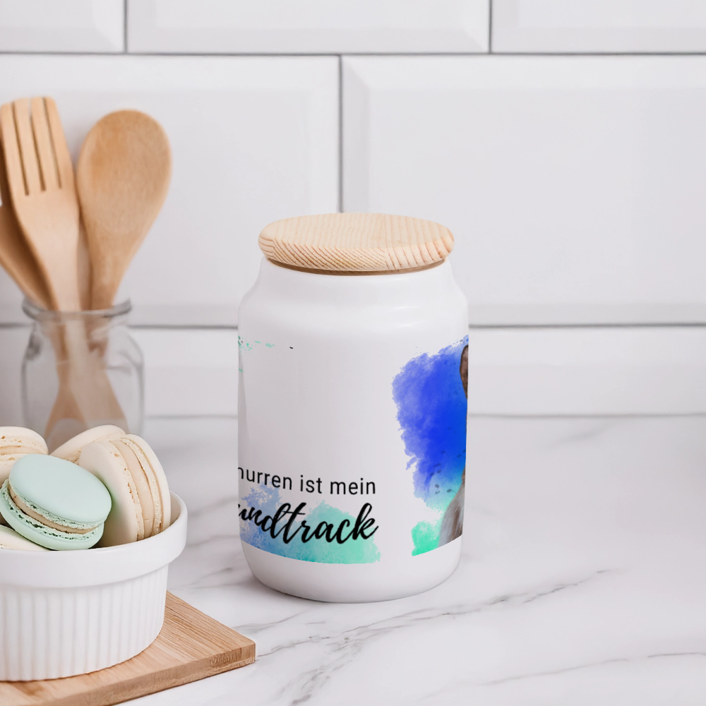 LiNBW. Leckerlidose aus Keramik  mit Holzdeckel Schnurren ist mein Soundtrack - Weiß