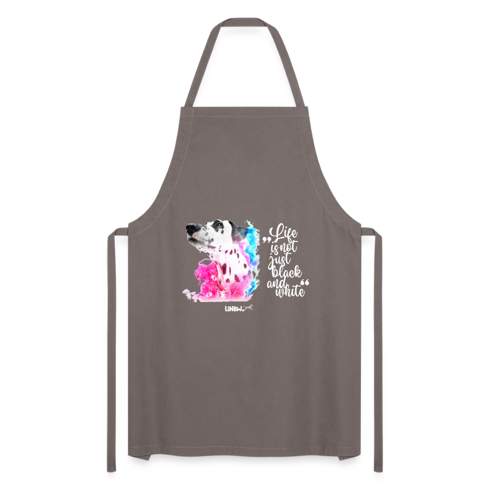 Kochschürze „Life is not just black and white“ – Statement mit Dalmatiner und Farb-Splash - Grau
