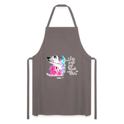 Kochschürze „Life is not just black and white“ – Statement mit Dalmatiner und Farb-Splash - Grau