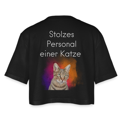 LiNBW. Frauen Cropped T-Shirt Stolzes Personal einer Katze - Schwarz