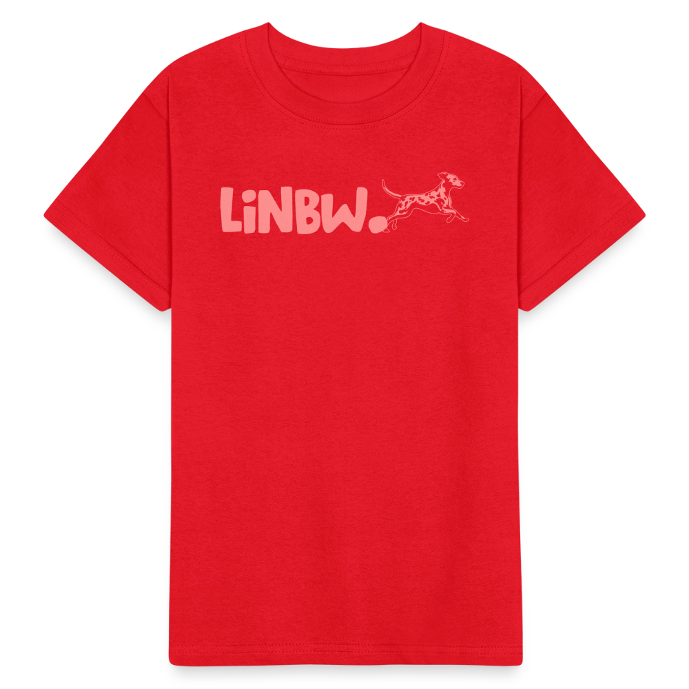 Kinder-T-Shirt – „LiNBW.“ Logo vorne & Zitat hinten | Doppelseitiger Style für tierliebe Kids - Rot