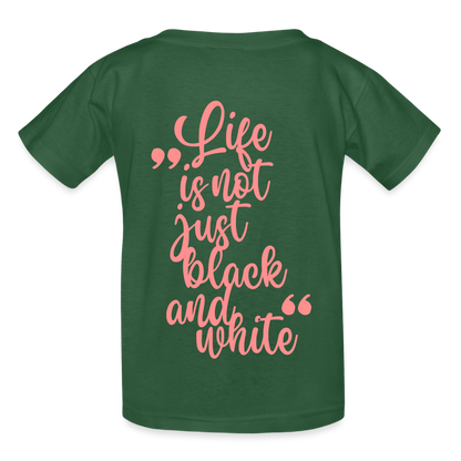 Kinder-T-Shirt – „LiNBW.“ Logo vorne & Zitat hinten | Doppelseitiger Style für tierliebe Kids - Flaschengrün