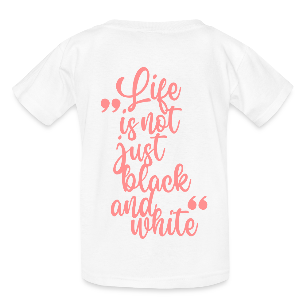 Kinder-T-Shirt – „LiNBW.“ Logo vorne & Zitat hinten | Doppelseitiger Style für tierliebe Kids - Weiß