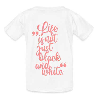 Kinder-T-Shirt – „LiNBW.“ Logo vorne & Zitat hinten | Doppelseitiger Style für tierliebe Kids - Weiß