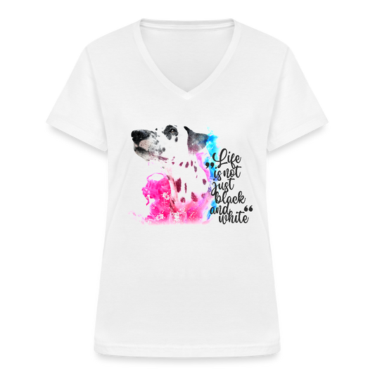 LiNBW. Frauen T-Shirt V-Ausschnitt Dalmatiner Life is not just black and white - Weiß