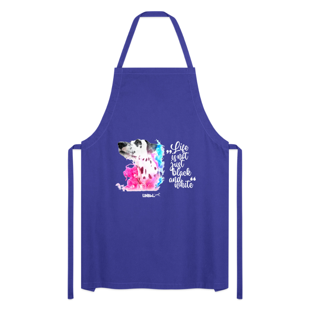 Kochschürze „Life is not just black and white“ – Statement mit Dalmatiner und Farb-Splash - Royalblau