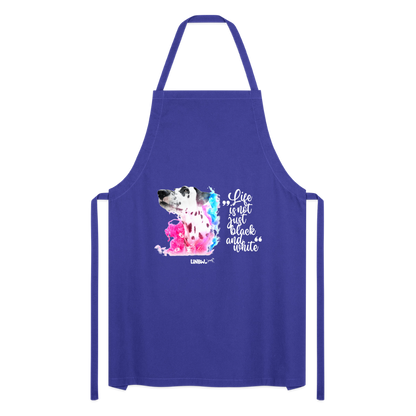 Kochschürze „Life is not just black and white“ – Statement mit Dalmatiner und Farb-Splash - Royalblau