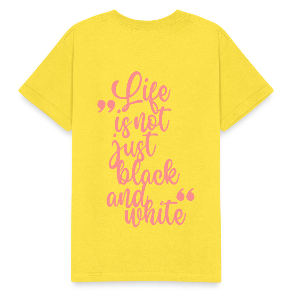 Kinder-T-Shirt – „LiNBW.“ Logo vorne & Zitat hinten | Doppelseitiger Style für tierliebe Kids - Gelb