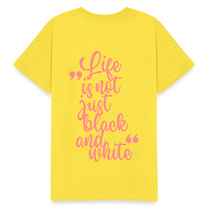 Kinder-T-Shirt – „LiNBW.“ Logo vorne & Zitat hinten | Doppelseitiger Style für tierliebe Kids - Gelb