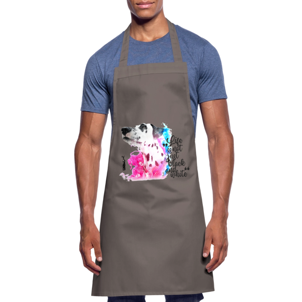 Kochschürze „Life is not just black and white“ – Statement mit Dalmatiner und Farb-Splash - Grau