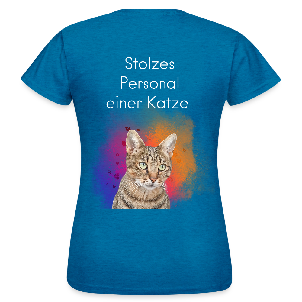 LiNBW. Frauen T-Shirt Stolzes Personal einer Katze - Antikblaues Saphir meliert