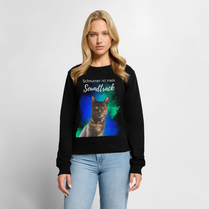 Damen Pullover „Schnurren ist mein Soundtrack“ – Nala mit Farbsplash – weißer Print 😻🎶 - Schwarz