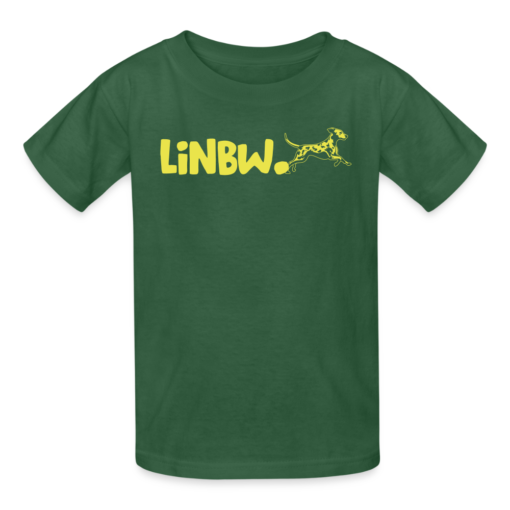 Kinder-T-Shirt – „LiNBW.“ Logo vorne & Zitat hinten | Doppelseitiger Style für tierliebe Kids - Flaschengrün