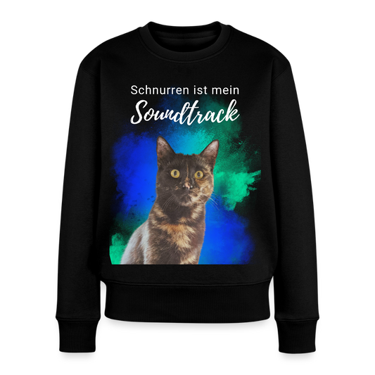 Damen Pullover „Schnurren ist mein Soundtrack“ – Nala mit Farbsplash – weißer Print 😻🎶 - Schwarz