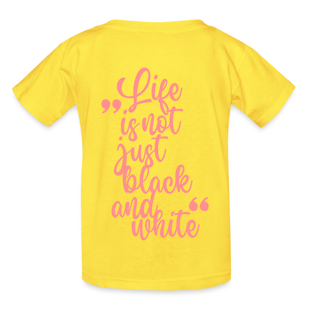 Kinder-T-Shirt – „LiNBW.“ Logo vorne & Zitat hinten | Doppelseitiger Style für tierliebe Kids - Gelb