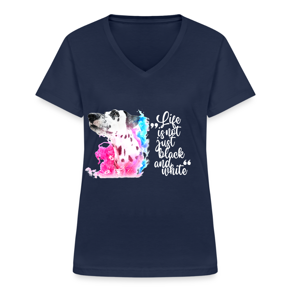 LiNBW. Frauen T-Shirt V-Ausschnitt Dalmatiner Life is not just black and white - Navy