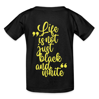 Kinder-T-Shirt – „LiNBW.“ Logo vorne & Zitat hinten | Doppelseitiger Style für tierliebe Kids - Schwarz