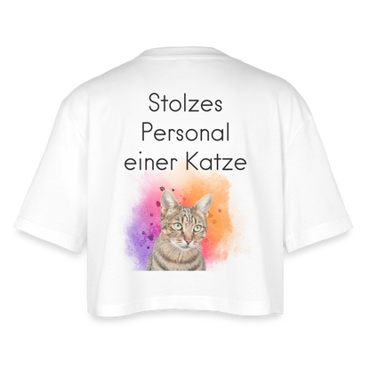 LiNBW. Frauen Cropped T-Shirt Stolzes Personal einer Katze - Weiß