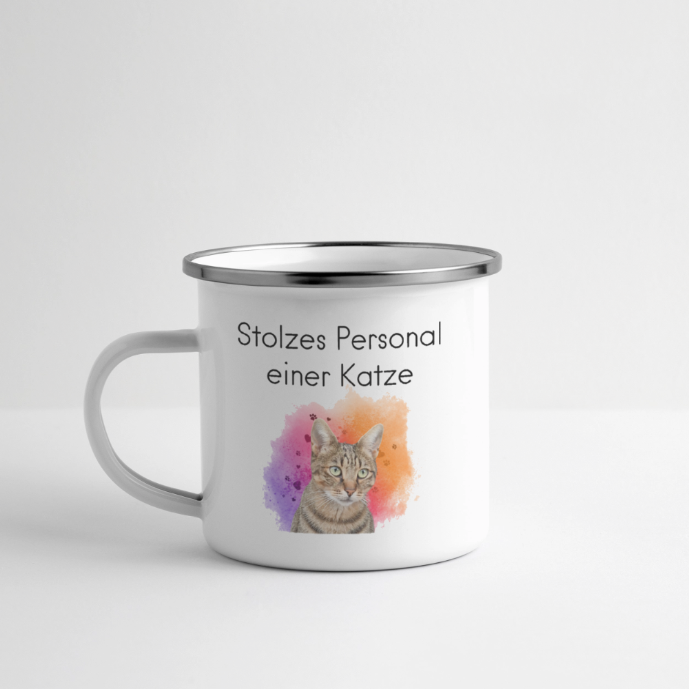 LiNBW. Emaille-Tasse Stolzes Personal einer Katze - Weiß