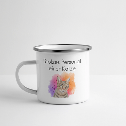 LiNBW. Emaille-Tasse Stolzes Personal einer Katze - Weiß