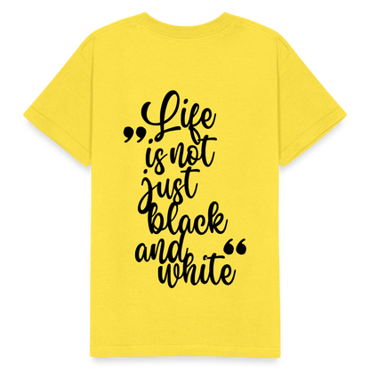 Kinder-T-Shirt – „LiNBW.“ Logo vorne & Zitat hinten | Doppelseitiger Style für tierliebe Kids - Gelb