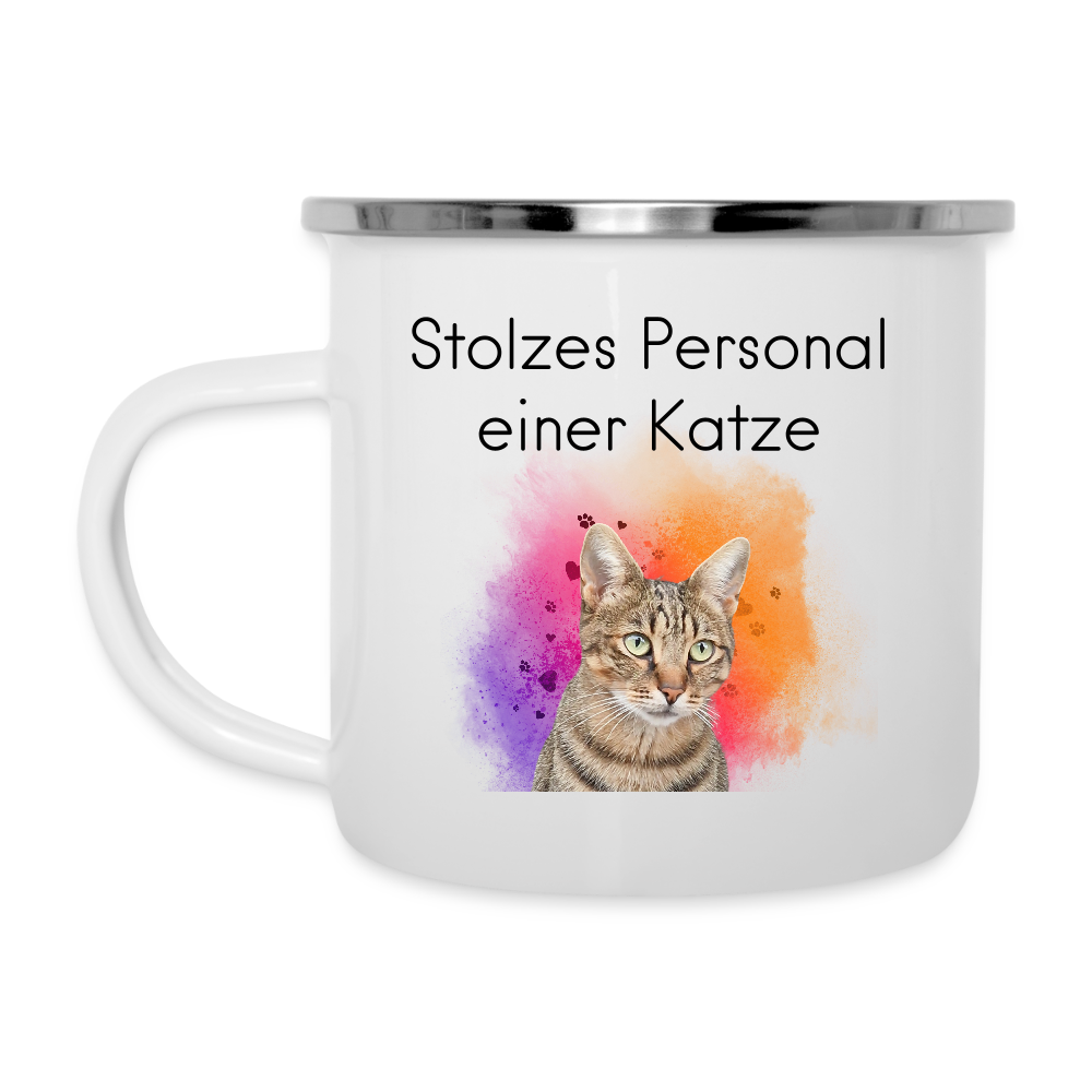 LiNBW. Emaille-Tasse Stolzes Personal einer Katze - Weiß