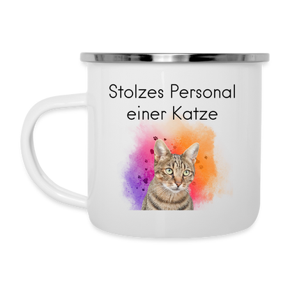 LiNBW. Emaille-Tasse Stolzes Personal einer Katze - Weiß