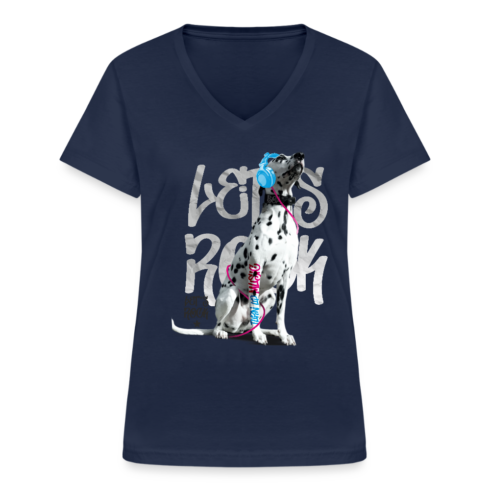 LiNBW. Frauen T-Shirt V-Ausschnitt Dalmatiner Let's Rock - Navy