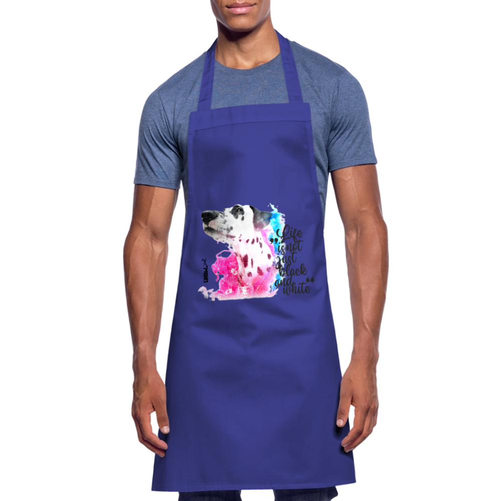Kochschürze „Life is not just black and white“ – Statement mit Dalmatiner und Farb-Splash - Royalblau