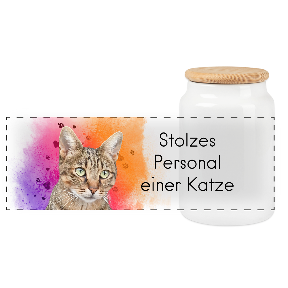 LiNBW. Leckerlidose aus Keramik  mit Holzdeckel Stolzes Personal einer Katze - Weiß