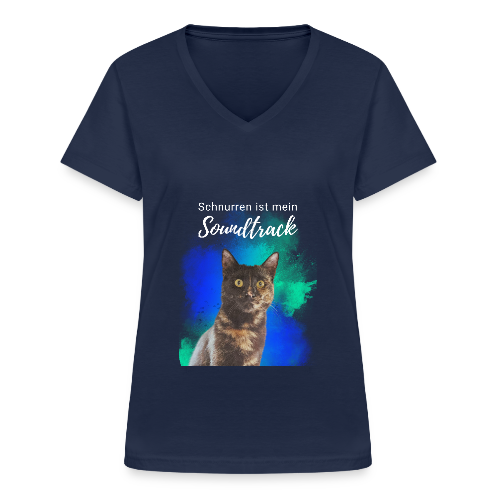 LiNBW. Frauen T-Shirt V-Ausschnitt Schnurren ist mein Soundtrack - Navy