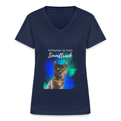 LiNBW. Frauen T-Shirt V-Ausschnitt Schnurren ist mein Soundtrack - Navy