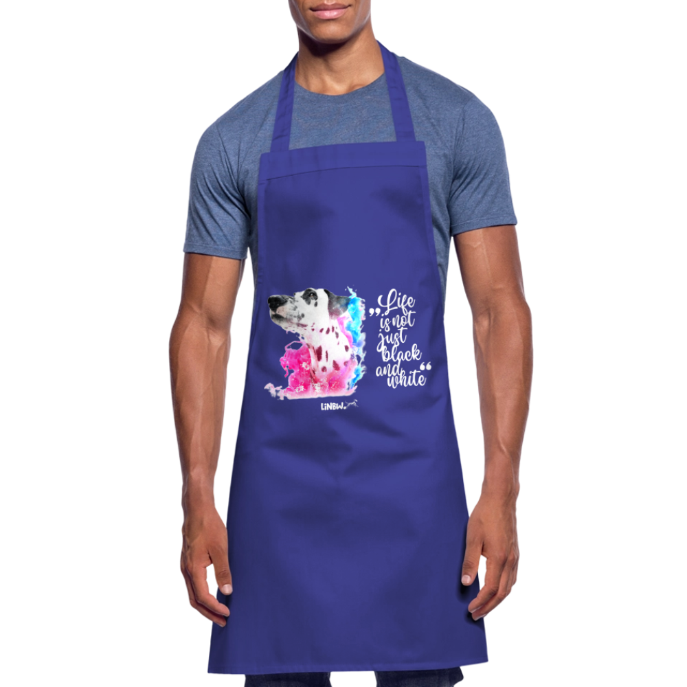 Kochschürze „Life is not just black and white“ – Statement mit Dalmatiner und Farb-Splash - Royalblau