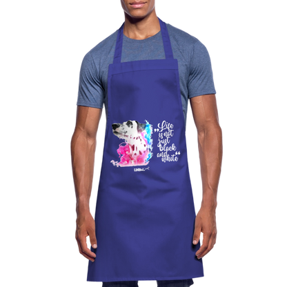 Kochschürze „Life is not just black and white“ – Statement mit Dalmatiner und Farb-Splash - Royalblau