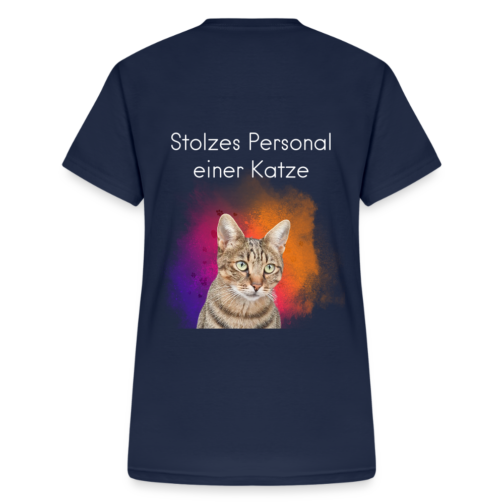 LiNBW. Frauen T-Shirt V-Ausschnitt Stolzes Personal einer Katze - Navy