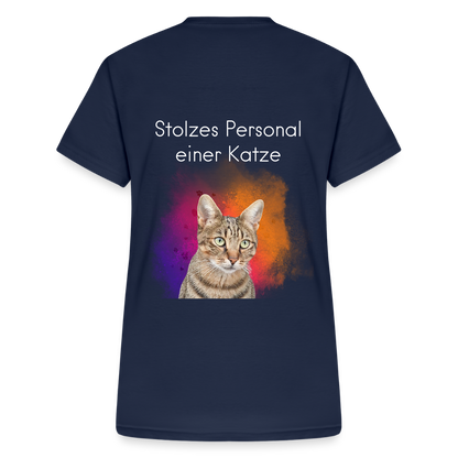 LiNBW. Frauen T-Shirt V-Ausschnitt Stolzes Personal einer Katze - Navy