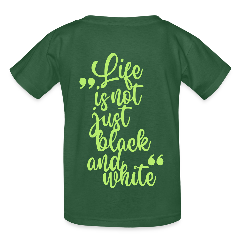 Kinder-T-Shirt – „LiNBW.“ Logo vorne & Zitat hinten | Doppelseitiger Style für tierliebe Kids - Flaschengrün