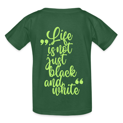 Kinder-T-Shirt – „LiNBW.“ Logo vorne & Zitat hinten | Doppelseitiger Style für tierliebe Kids - Flaschengrün