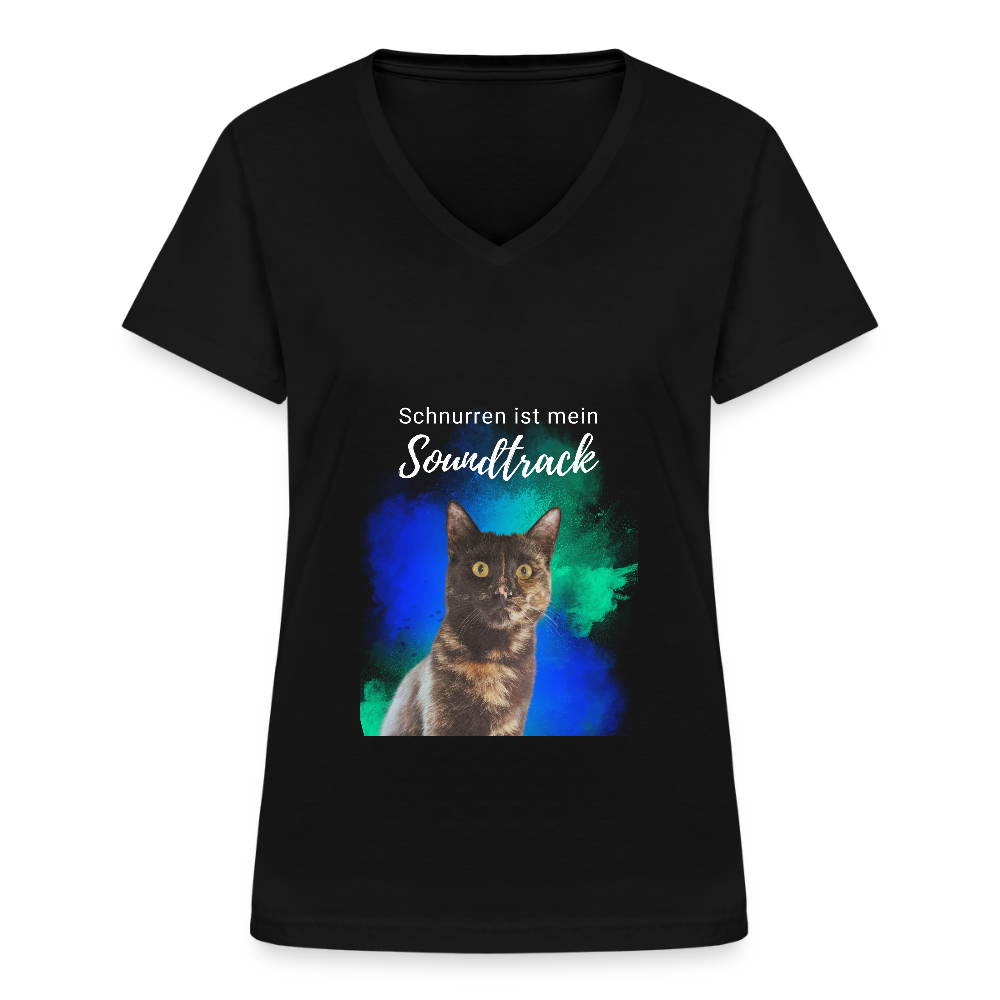 LiNBW. Frauen T-Shirt V-Ausschnitt Schnurren ist mein Soundtrack - Schwarz