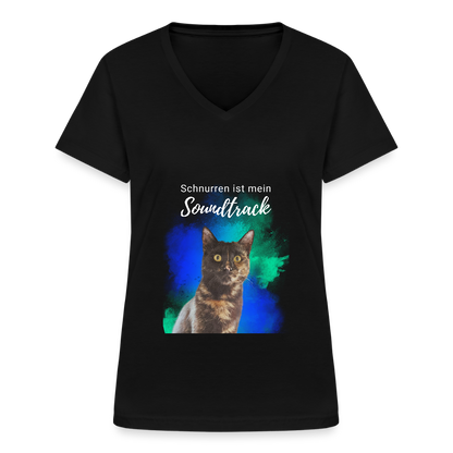 LiNBW. Frauen T-Shirt V-Ausschnitt Schnurren ist mein Soundtrack - Schwarz