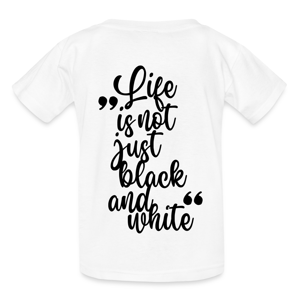 Kinder-T-Shirt – „LiNBW.“ Logo vorne & Zitat hinten | Doppelseitiger Style für tierliebe Kids - Weiß