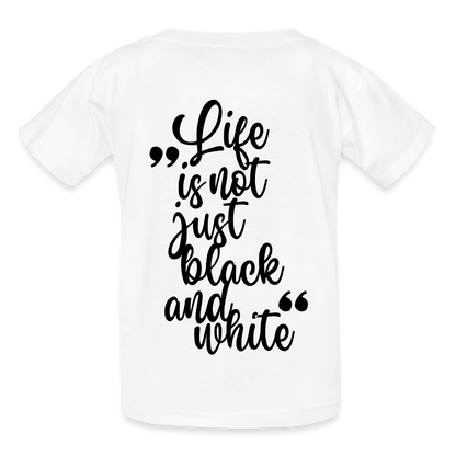 Kinder-T-Shirt – „LiNBW.“ Logo vorne & Zitat hinten | Doppelseitiger Style für tierliebe Kids - Weiß