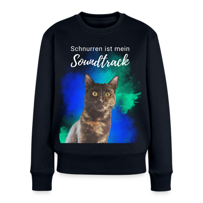 Damen Pullover „Schnurren ist mein Soundtrack“ – Nala mit Farbsplash – weißer Print 😻🎶 - Navy