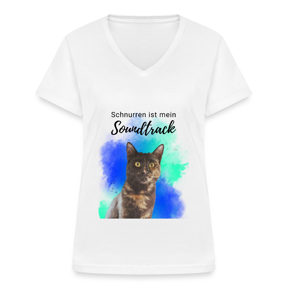 LiNBW. Frauen T-Shirt V-Ausschnitt Schnurren ist mein Soundtrack - Weiß