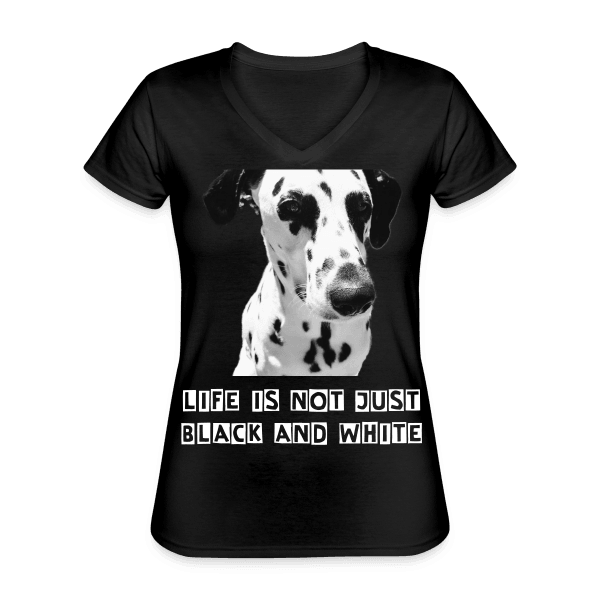 Dalmatiner Damen V-Ausschnitt T-Shirt – Langlebiges und formbeständiges Baumwoll-Shirt (Black) - LiNBW. - LIFE IS NOT JUST BLACK AND WHITE