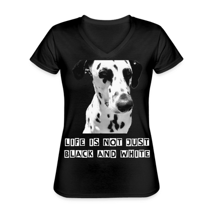 Dalmatiner Damen V-Ausschnitt T-Shirt – Langlebiges und formbeständiges Baumwoll-Shirt (Black) - LiNBW. - LIFE IS NOT JUST BLACK AND WHITE