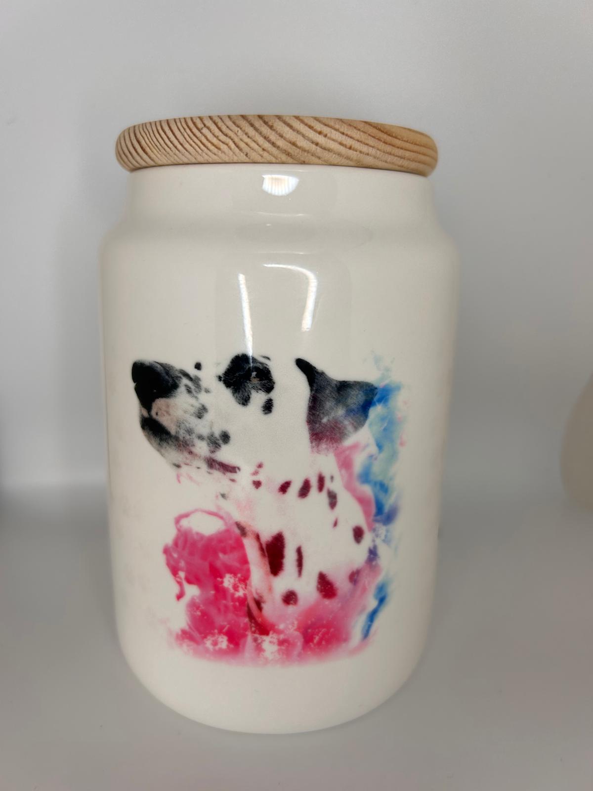 LiNBW. Leckerlidose aus Keramik  mit Holzdeckel Dalmatiner "Pfoten weg, meine Leckerlies"