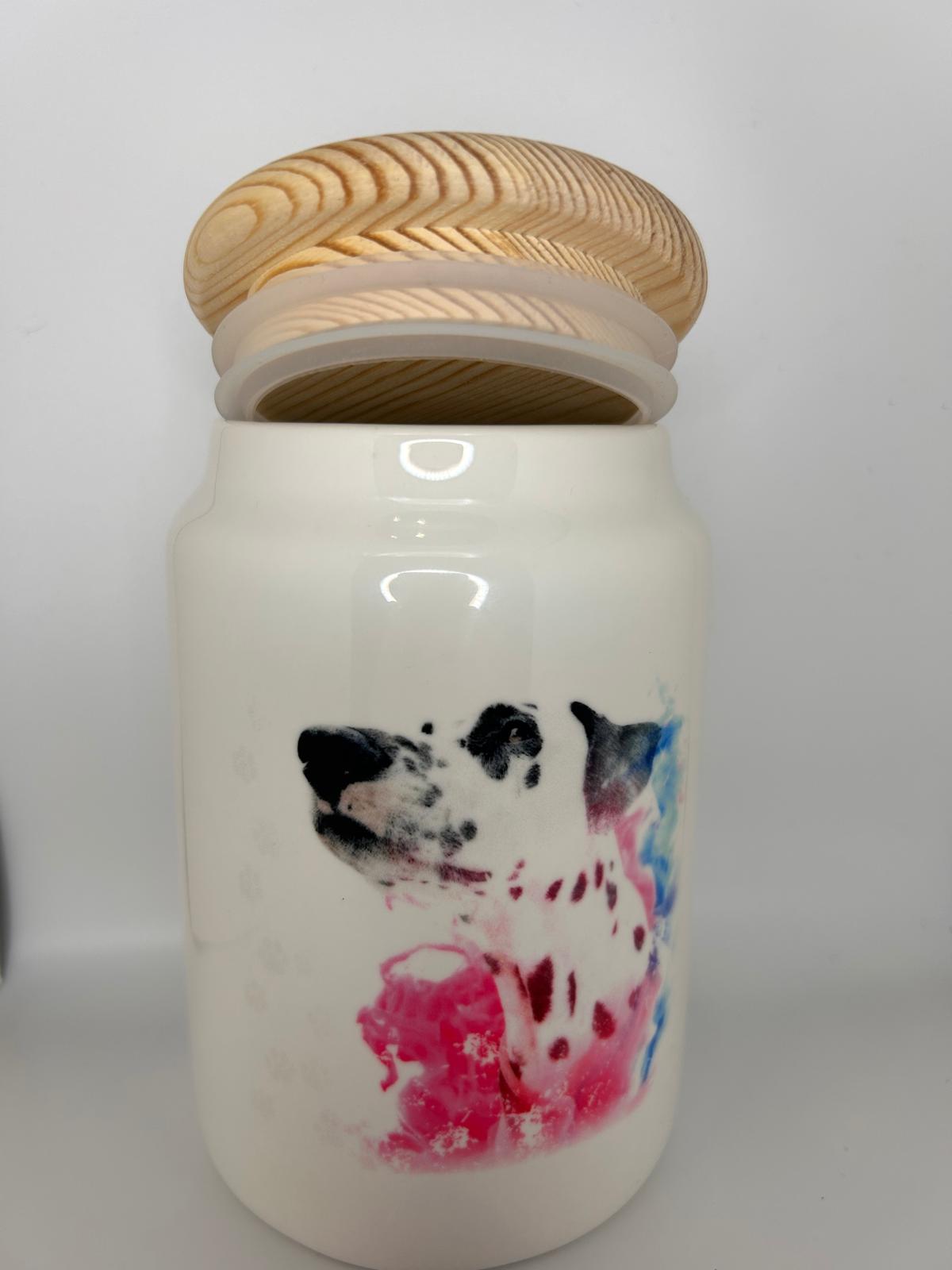 LiNBW. Leckerlidose aus Keramik  mit Holzdeckel Dalmatiner "Pfoten weg, meine Leckerlies"