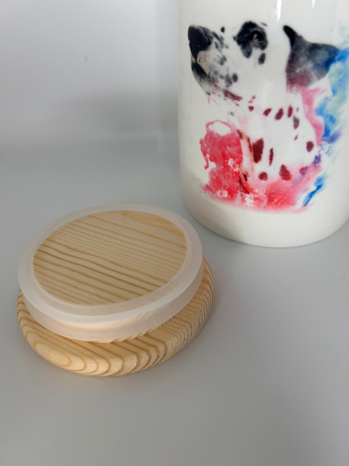 LiNBW. Leckerlidose aus Keramik  mit Holzdeckel Dalmatiner "Pfoten weg, meine Leckerlies"