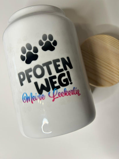 LiNBW. Leckerlidose aus Keramik  mit Holzdeckel Dalmatiner "Pfoten weg, meine Leckerlies"